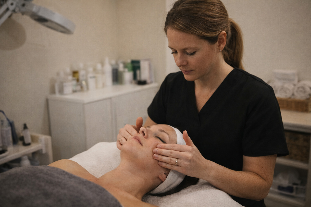 Beauty therapist performing a facial treatment in a small clinic