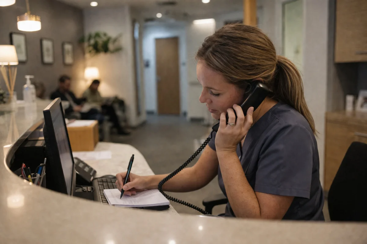 Dental receptionist taking a phone call at the front desk