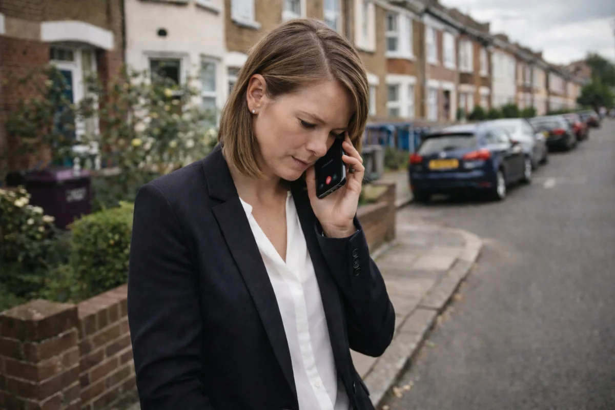 Estate agent on the phone outside a residential street
