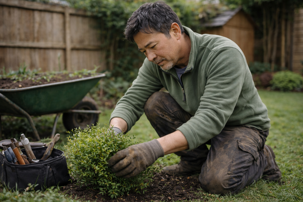 Gardener planting a shrub in a back garden