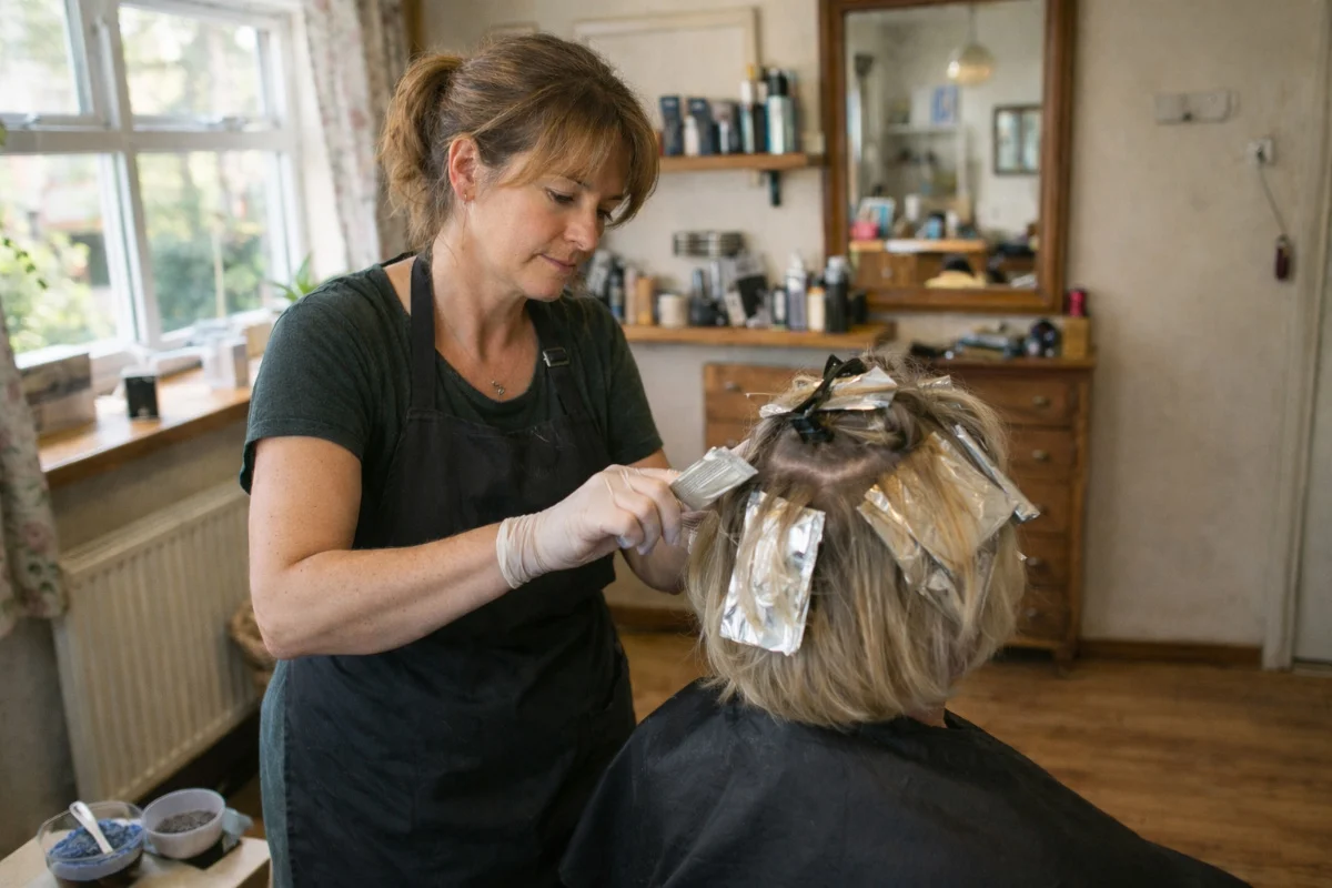 Hairdresser colouring a client's hair in a home salon