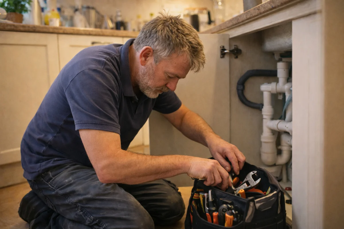 Plumber working under a kitchen sink